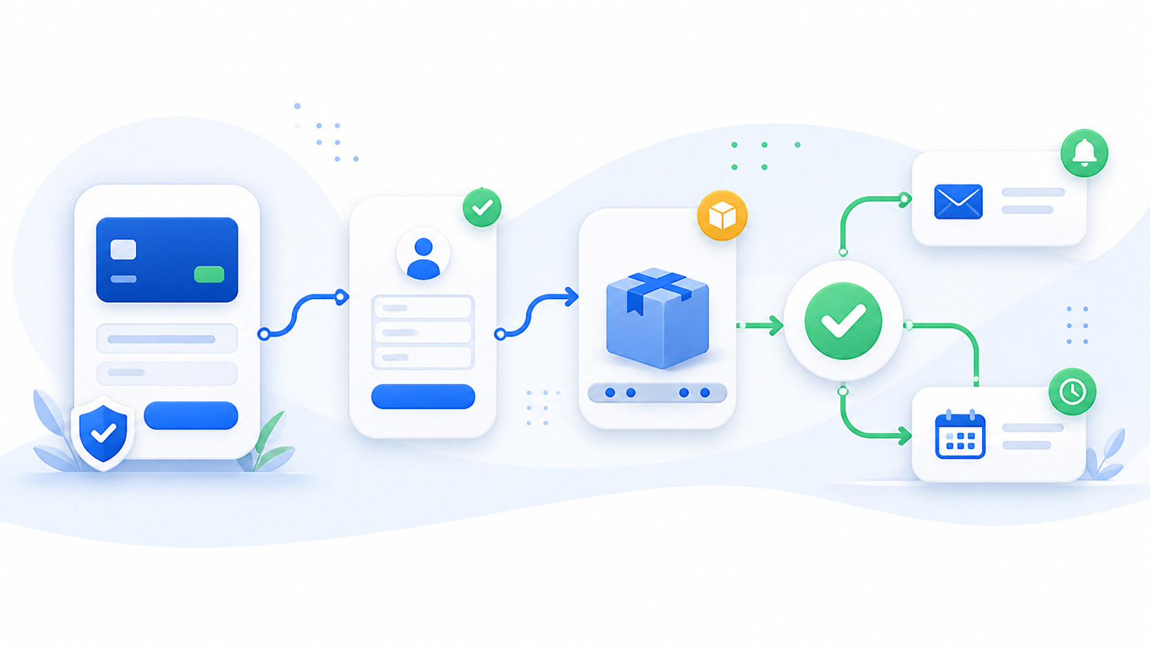 Illustration of checkout flowing into intake, fulfillment, updates, and customer handoff