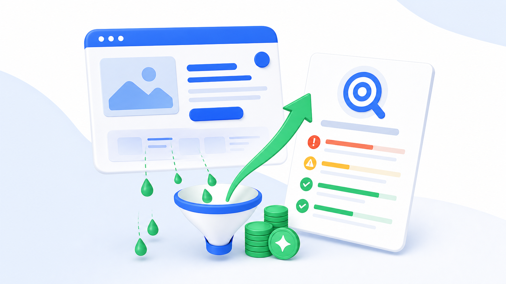 Illustration of a website leaking revenue into a report that ranks the hidden problems