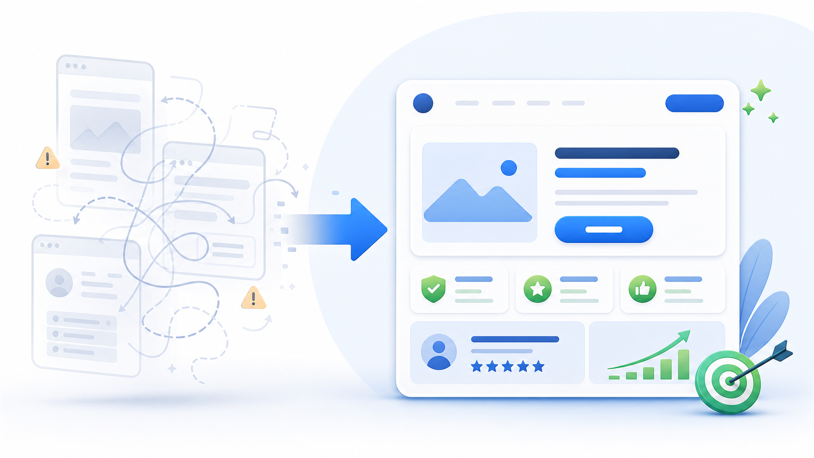 Illustration of a confusing website path becoming one clear page and call to action